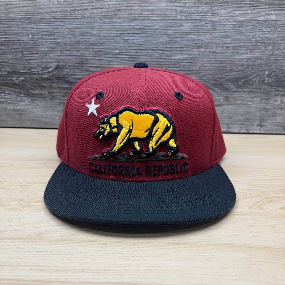California Republic Hat Cap Snap Back Maroon Black Bear Flag West Coast Souvenir